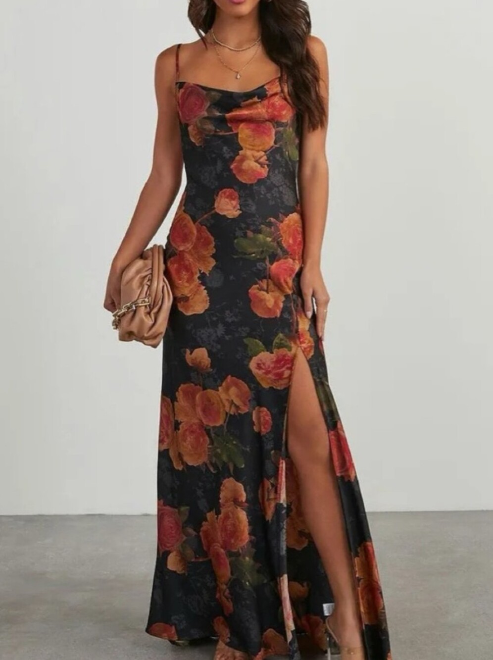 12th Tribe Black Maxi Dress w/Orange Floral Print & sexy tie back sizeL NWTS